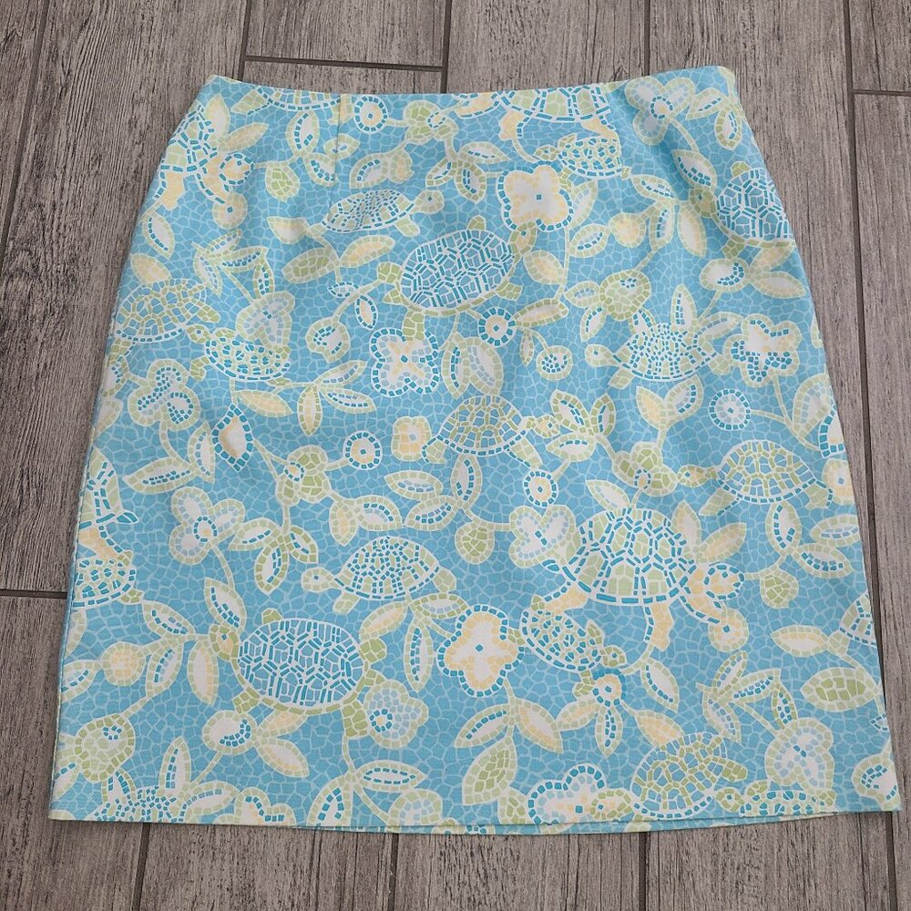 Talbots Petite Turtle Print Skirt Blue Green Women's Size 12P